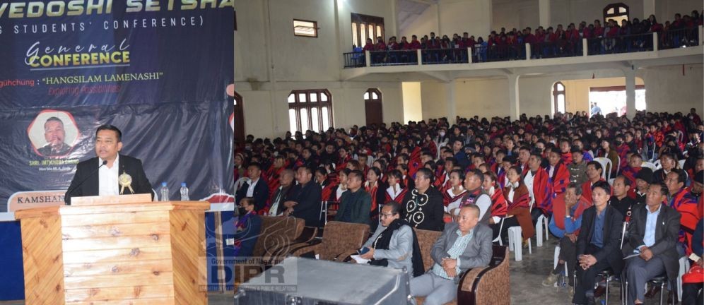 Minister P Beshangmongba Chang gracing the 60th Chang Wedoshi Setshang General Conference at Town Hall, Tuensang on April 4. (DIPR Photo)